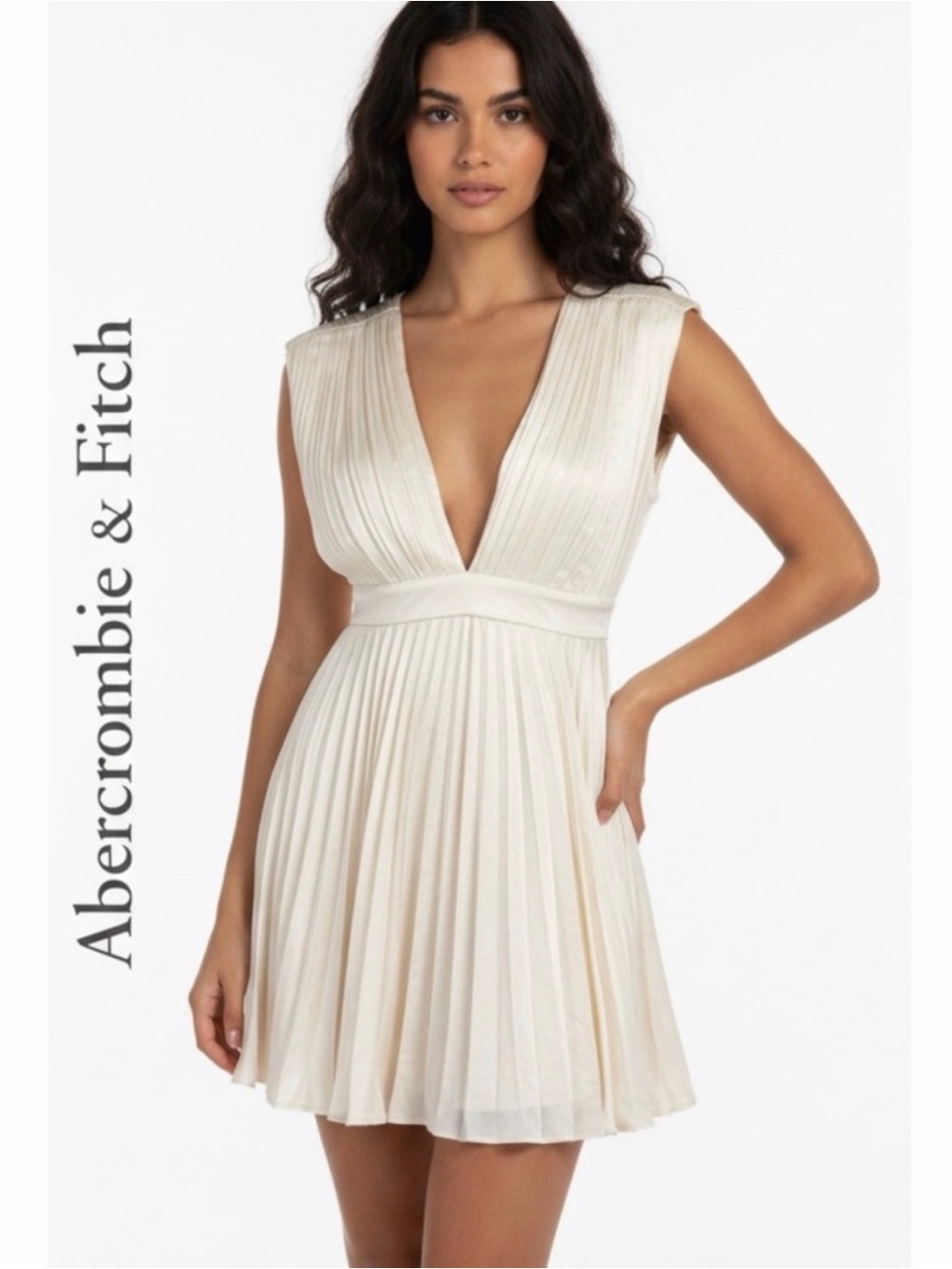 Abercrombie & Fitch Women's White Plunge Neck Pleated Mini Dress Size M